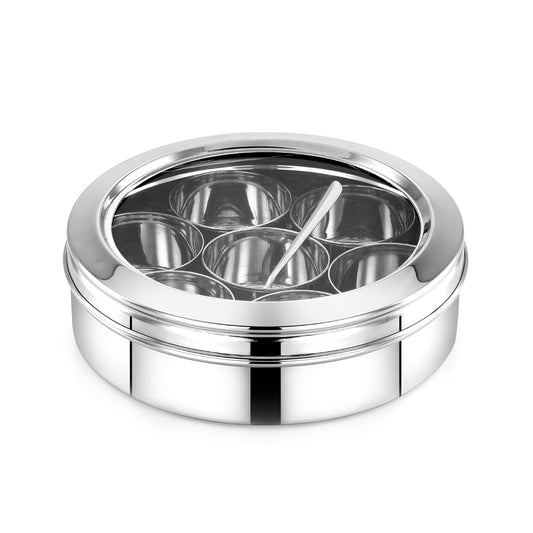 Stainless Steel Masala Dabba / Spice Box, 7 Containers with Spoon & Steel Lid