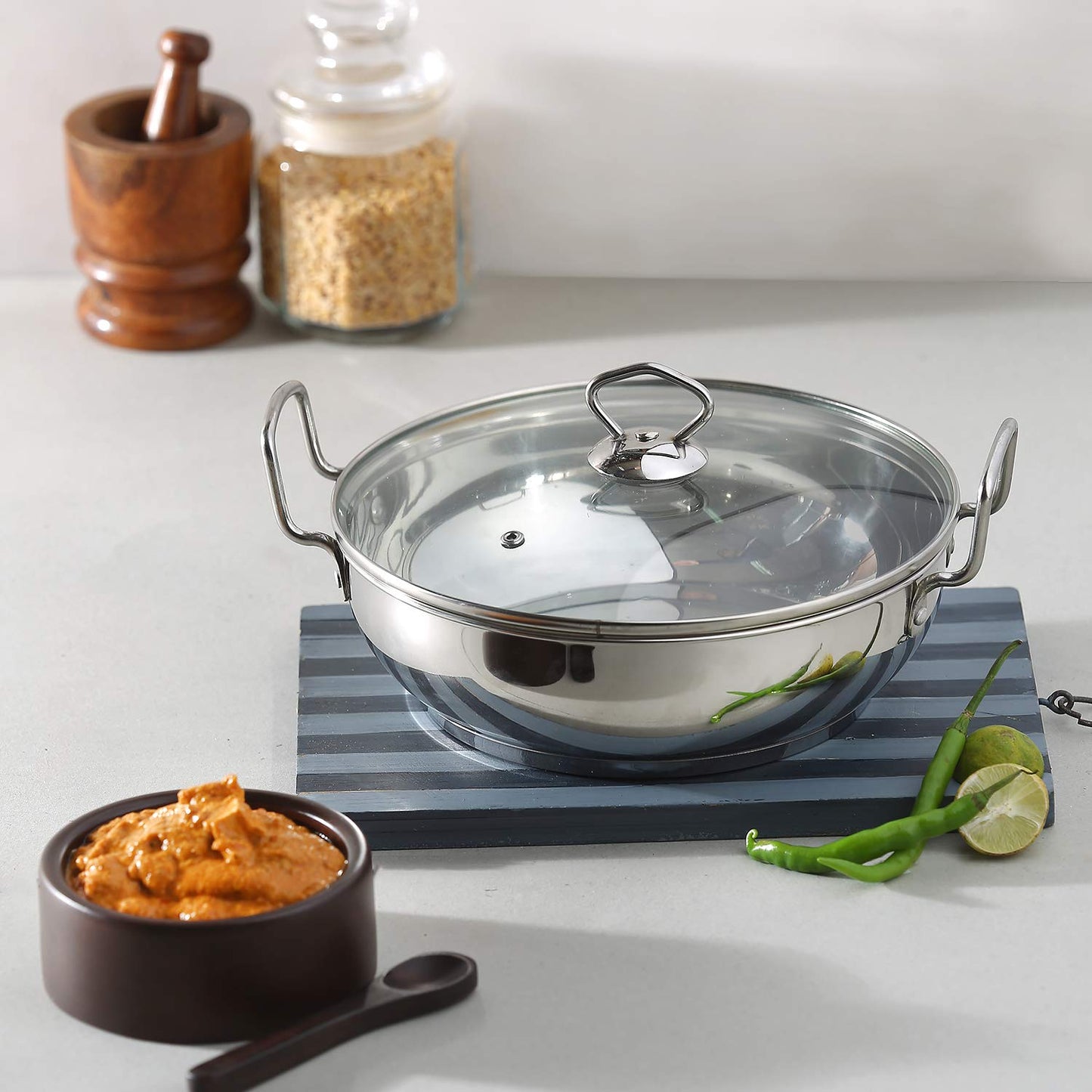 Stainless Steel Karai - Kadai - With Glass Lid - 20cm-22cm-24cm-26cm - Vinod