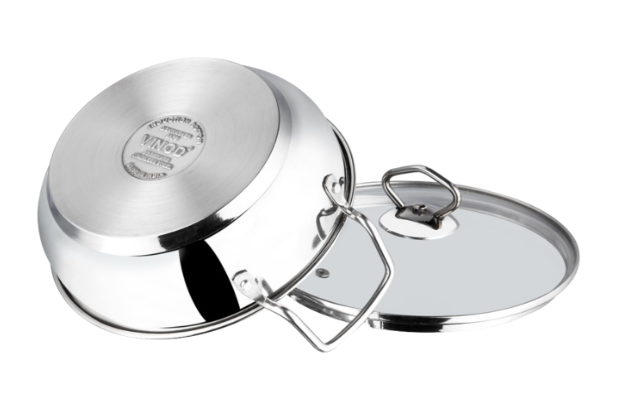 Stainless Steel Karai - Kadai - With Glass Lid - 20cm-22cm-24cm-26cm - Vinod