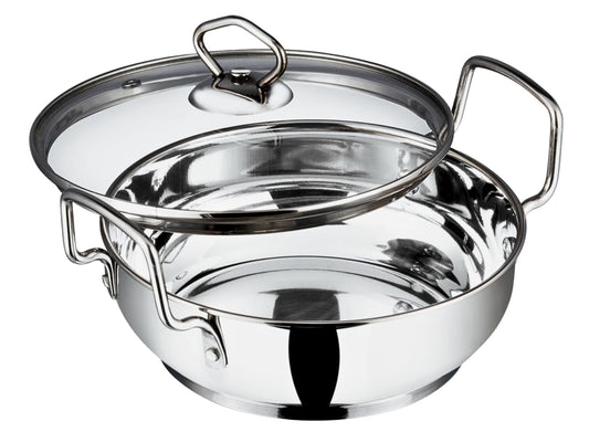 Stainless Steel Karai - Kadai - With Glass Lid - 20cm-22cm-24cm-26cm - Vinod